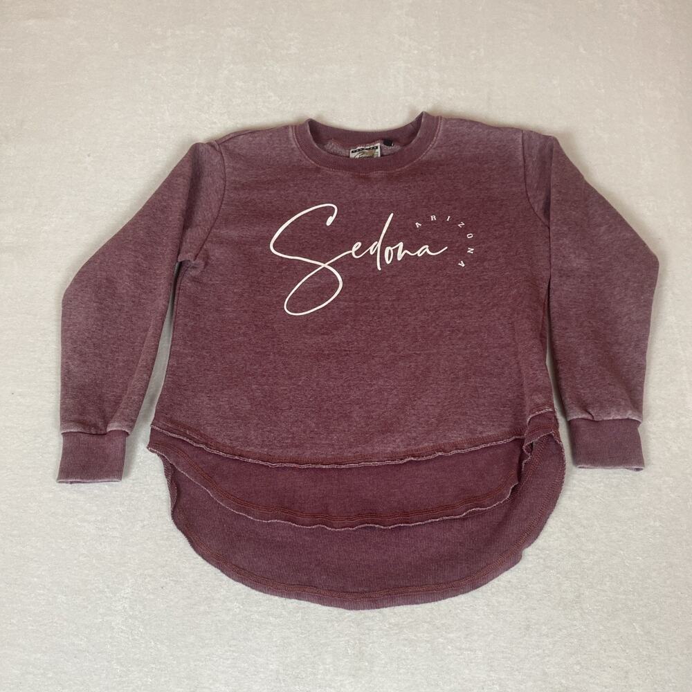 Sedona Arizona Sun Faded High Low Hem Boho Chic Desert Maroon Crewneck Sweater
